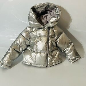 Kids Silver Metallic Hooded Puffer Zip Up Jacket w Fleece Liner Size 3T
